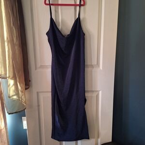 J for Justify Navy Blue Satin Cowl Neck Midi Slip Dress with Side Slit Womens S